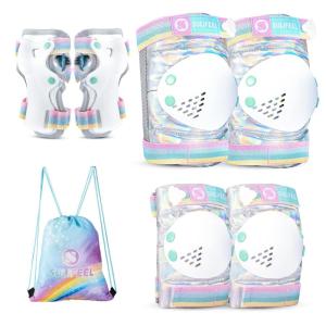 imageSULIFEEL Rainbow Unicorn Knee Pads for Kids Knee Elbow Pads Wrist Guards with Drawstring Bag Adjustable Protective Gear Set for Girls Roller Skating Bike Cycling Skateboard Scooter Green SmallRainbow