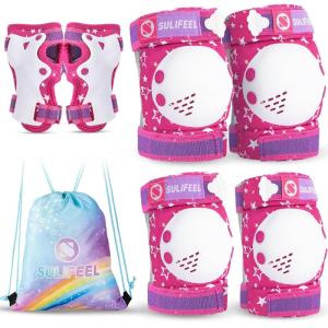 imageSULIFEEL Rainbow Unicorn Knee Pads for Kids Knee Elbow Pads Wrist Guards with Drawstring Bag Adjustable Protective Gear Set for Girls Roller Skating Bike Cycling Skateboard Scooter Green SmallRose Red