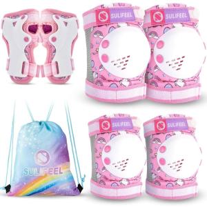 imageSULIFEEL Rainbow Unicorn Knee Pads for Kids Knee Elbow Pads Wrist Guards with Drawstring Bag Adjustable Protective Gear Set for Girls Roller Skating Bike Cycling Skateboard Scooter Green SmallUnicorn Pink