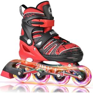 imageSULIFEEL Inline Skates with Blades for Kids Boys Youth Ages 612 812 58 with Light up Wheels 4 Sizes Adjustable Roller Skates for Beginners Indoor Outdoor SportsSpider Red