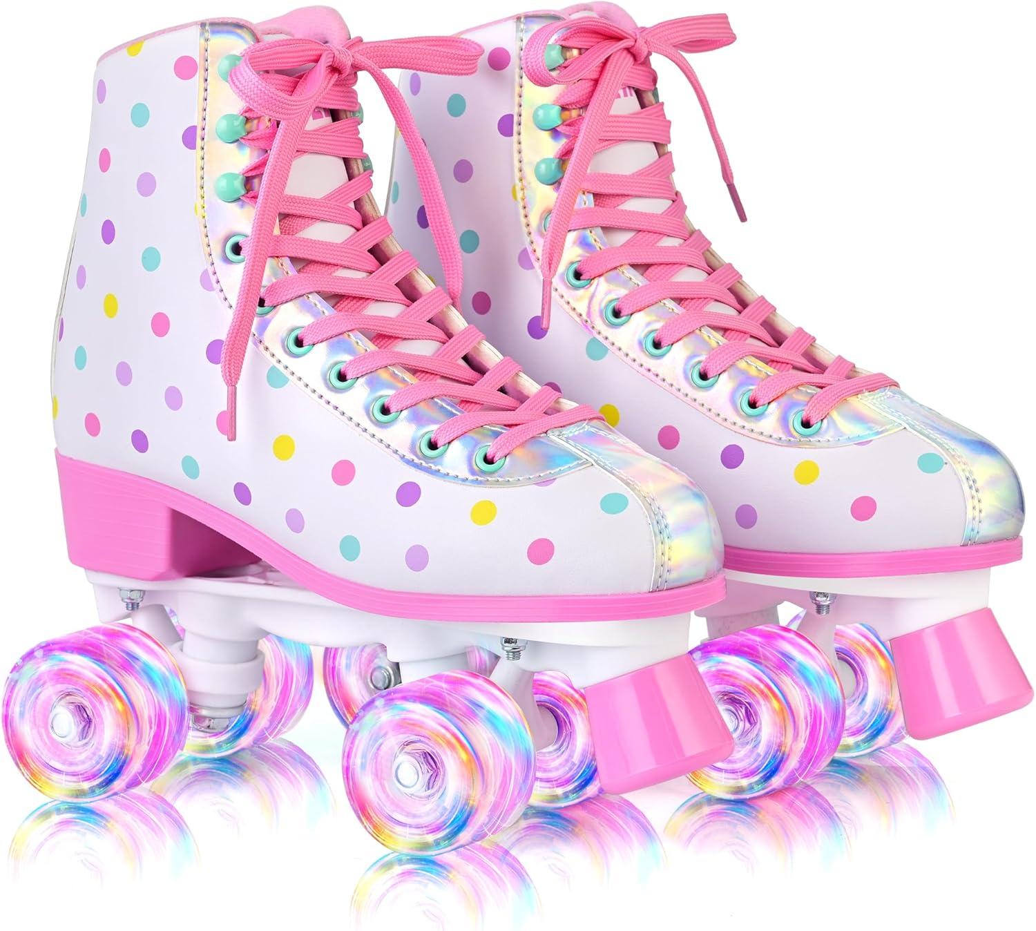 imageSULIFEEL Roller Skates for Girls and Women with Light up Wheels and Polka Dot Pattern Kids and Adult Roller Sktes for Outdoor and Indoor UseColorful