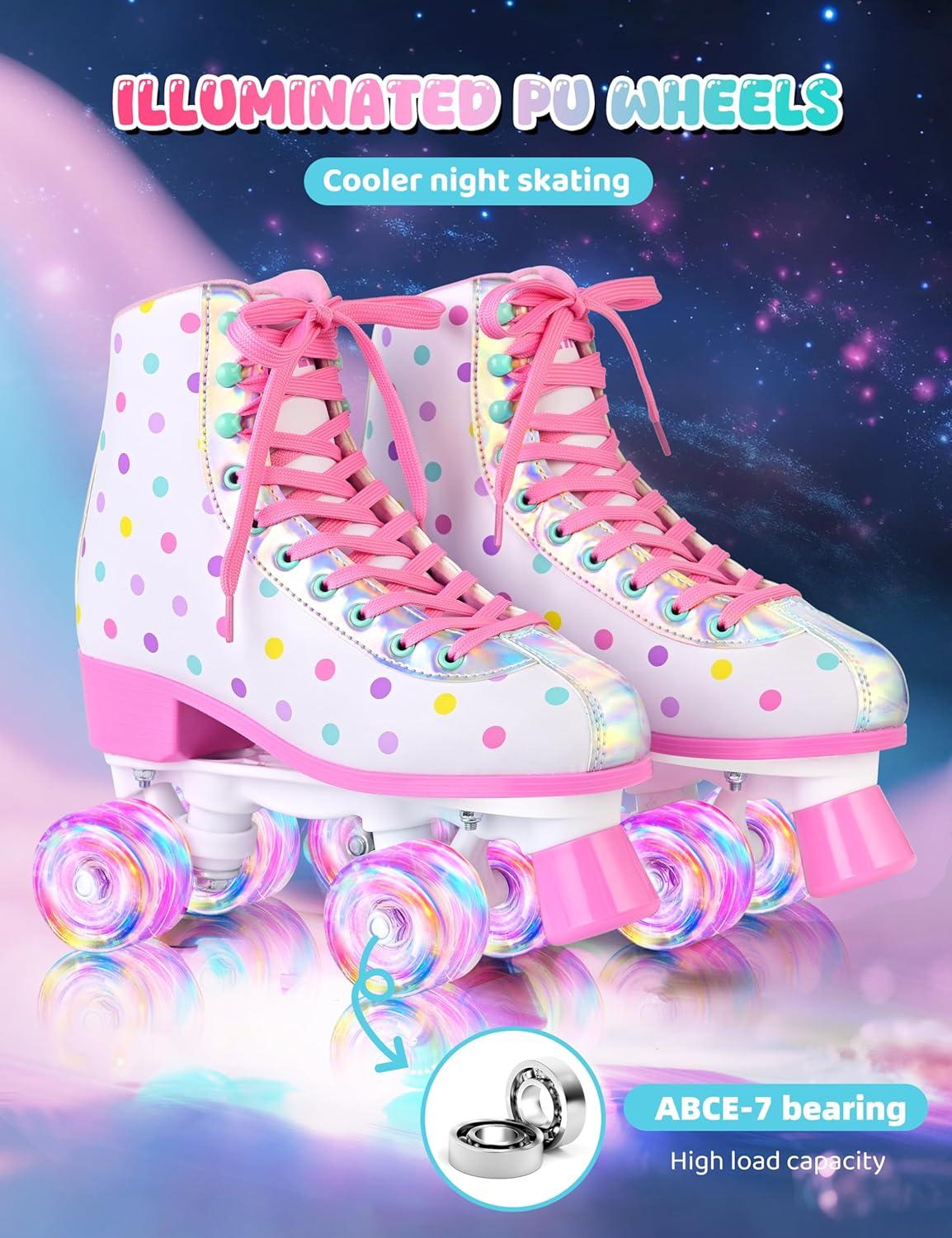 imageSULIFEEL Roller Skates for Girls and Women with Light up Wheels and Polka Dot Pattern Kids and Adult Roller Sktes for Outdoor and Indoor UseColorful