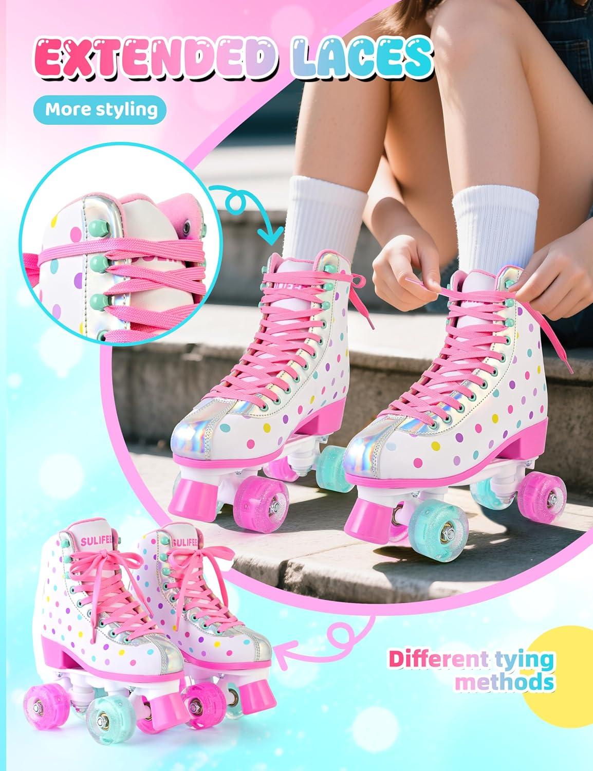 imageSULIFEEL Roller Skates for Girls and Women with Light up Wheels and Polka Dot Pattern Kids and Adult Roller Sktes for Outdoor and Indoor UseColorful