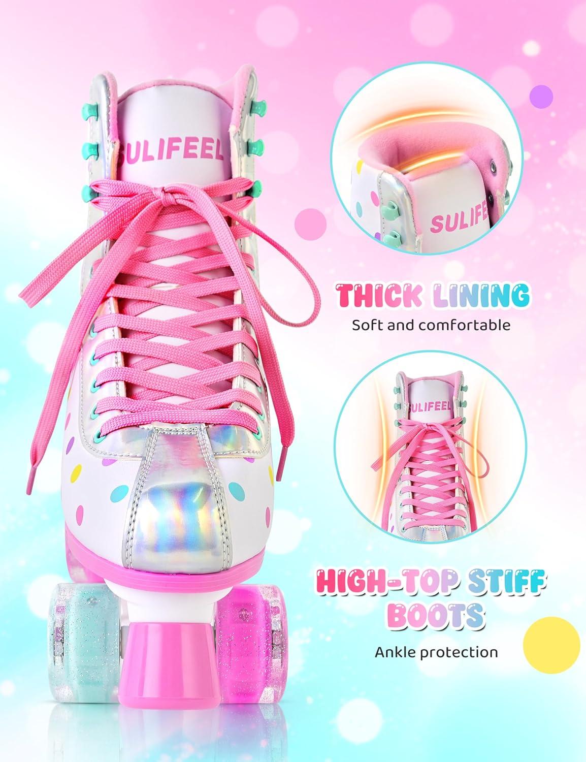 imageSULIFEEL Roller Skates for Girls and Women with Light up Wheels and Polka Dot Pattern Kids and Adult Roller Sktes for Outdoor and Indoor UseColorful