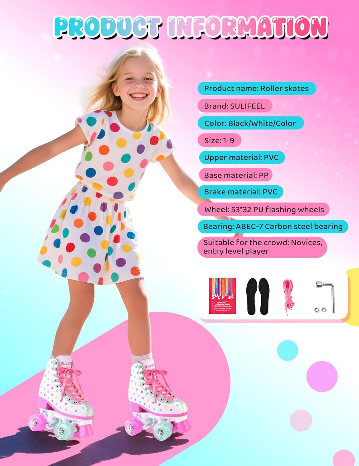 imageSULIFEEL Roller Skates for Girls and Women with Light up Wheels and Polka Dot Pattern Kids and Adult Roller Sktes for Outdoor and Indoor UseColorful