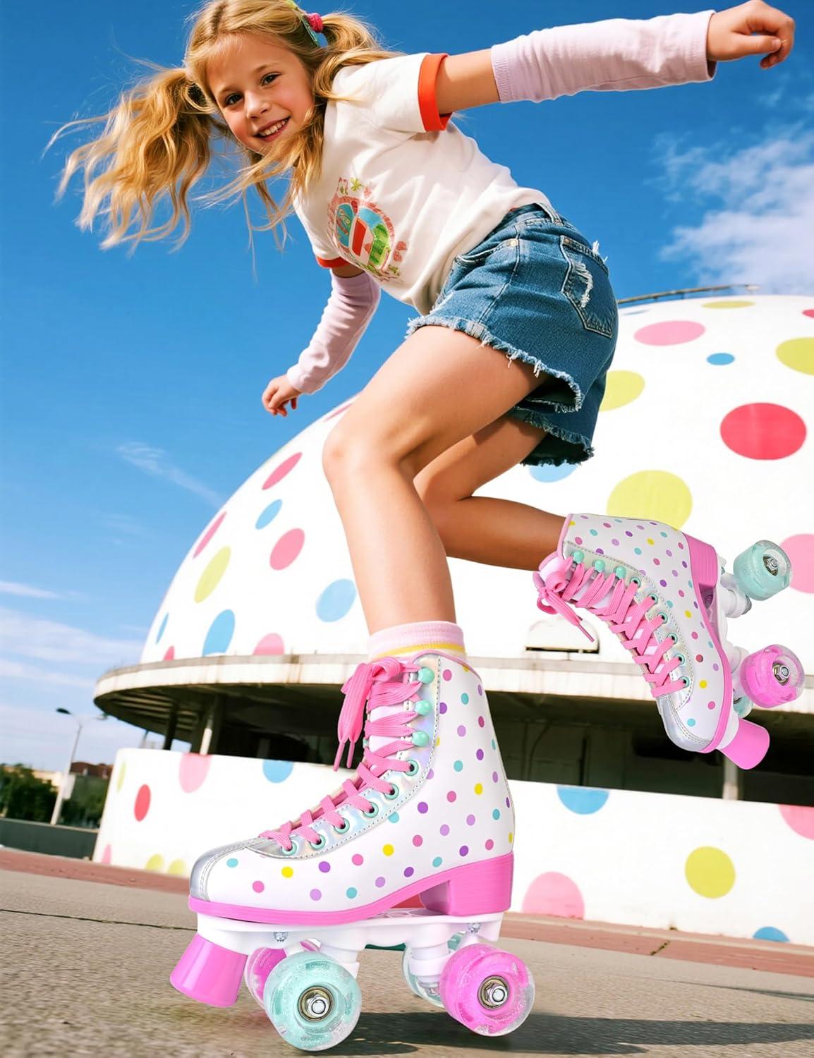 imageSULIFEEL Roller Skates for Girls and Women with Light up Wheels and Polka Dot Pattern Kids and Adult Roller Sktes for Outdoor and Indoor UseColorful