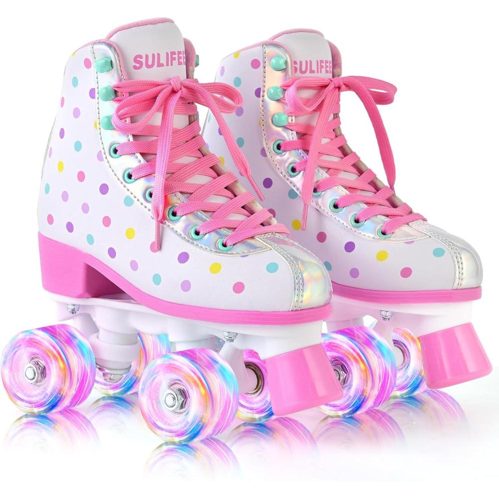 imageSULIFEEL Roller Skates for Girls and Women with Light up Wheels and Polka Dot Pattern Kids and Adult Roller Sktes for Outdoor and Indoor UseColorful