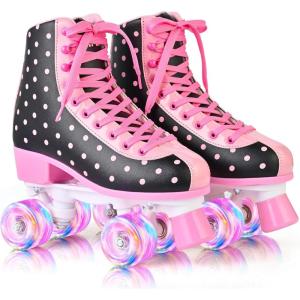 imageSULIFEEL Roller Skates for Girls and Women with Light up Wheels and Polka Dot Pattern Kids and Adult Roller Sktes for Outdoor and Indoor UseBlack
