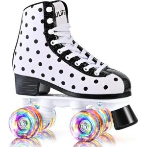 imageSULIFEEL Roller Skates for Girls and Women with Light up Wheels and Polka Dot Pattern Kids and Adult Roller Sktes for Outdoor and Indoor UseWhite