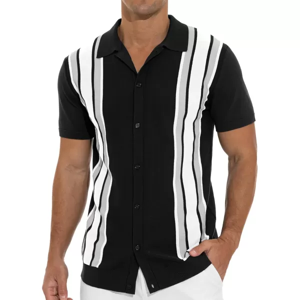 NITAGUT Mens Polo Shirts Vintage Striped Knitting Short Sleeves Button Down Golf Shirts