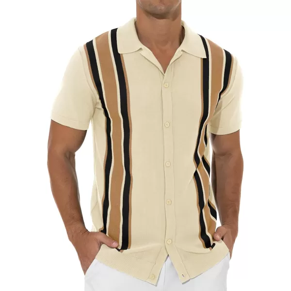 NITAGUT Mens Polo Shirts Vintage Striped Knitting Short Sleeves Button Down Golf Shirts