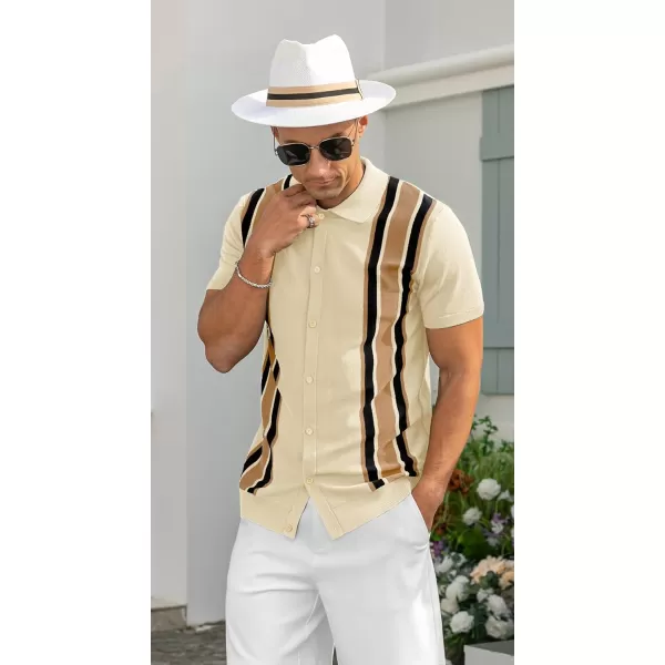 NITAGUT Mens Polo Shirts Vintage Striped Knitting Short Sleeves Button Down Golf Shirts