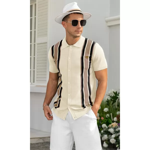 NITAGUT Mens Polo Shirts Vintage Striped Knitting Short Sleeves Button Down Golf Shirts