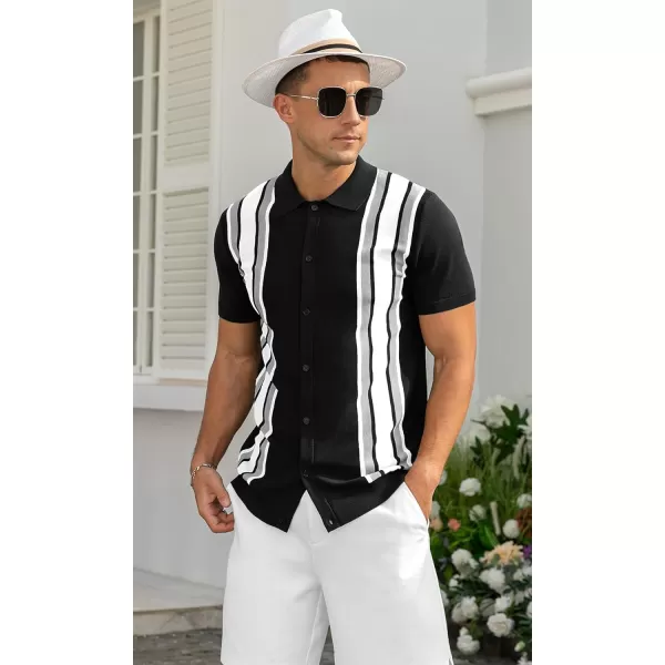 NITAGUT Mens Polo Shirts Vintage Striped Knitting Short Sleeves Button Down Golf Shirts