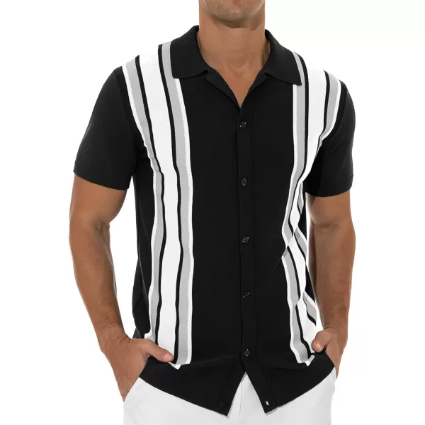 NITAGUT Mens Polo Shirts Vintage Striped Knitting Short Sleeves Button Down Golf Shirts