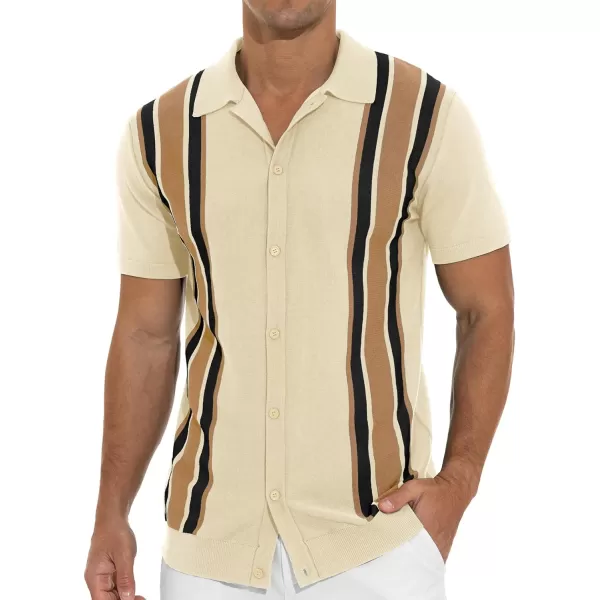 NITAGUT Mens Polo Shirts Vintage Striped Knitting Short Sleeves Button Down Golf Shirts