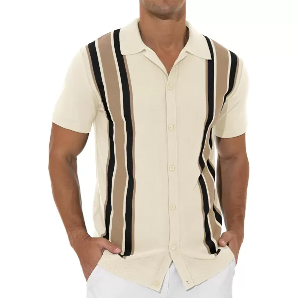 NITAGUT Mens Polo Shirts Vintage Striped Knitting Short Sleeves Button Down Golf Shirts