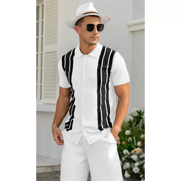 NITAGUT Mens Polo Shirts Vintage Striped Knitting Short Sleeves Button Down Golf Shirts