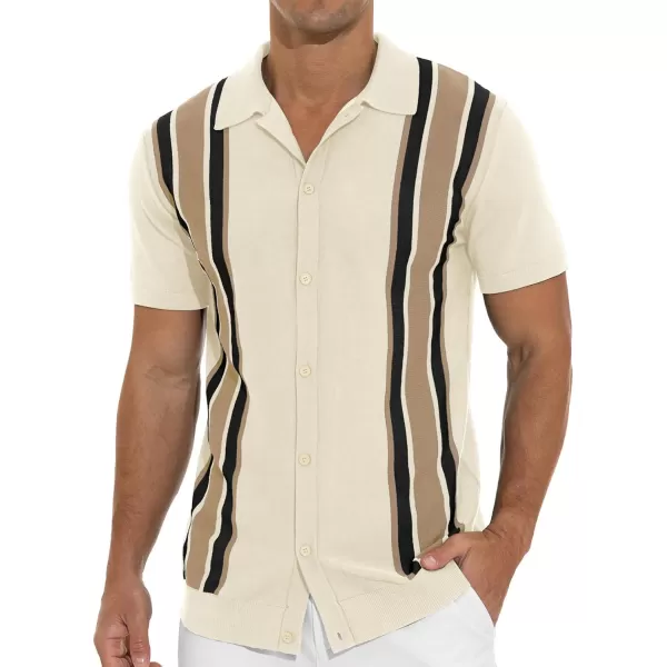 NITAGUT Mens Polo Shirts Vintage Striped Knitting Short Sleeves Button Down Golf Shirts
