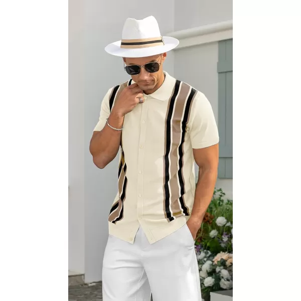 NITAGUT Mens Polo Shirts Vintage Striped Knitting Short Sleeves Button Down Golf Shirts