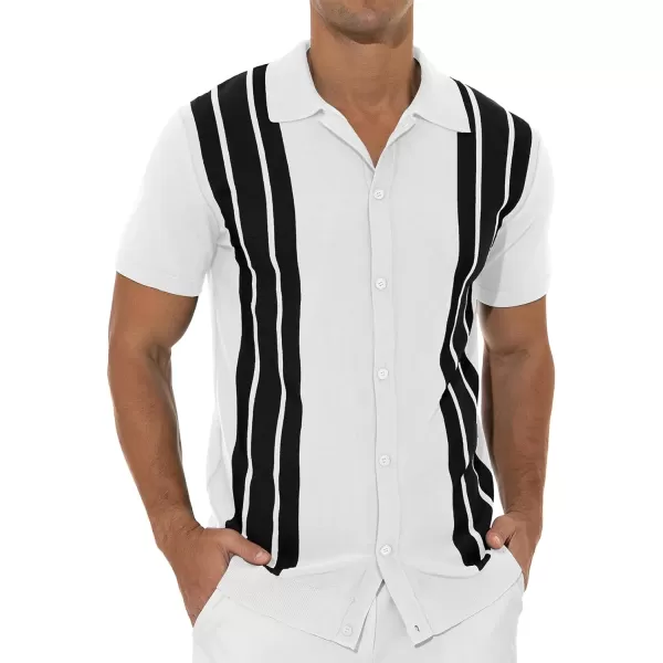 NITAGUT Mens Polo Shirts Vintage Striped Knitting Short Sleeves Button Down Golf Shirts
