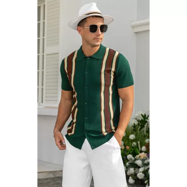 NITAGUT Mens Polo Shirts Vintage Striped Knitting Short Sleeves Button Down Golf Shirts