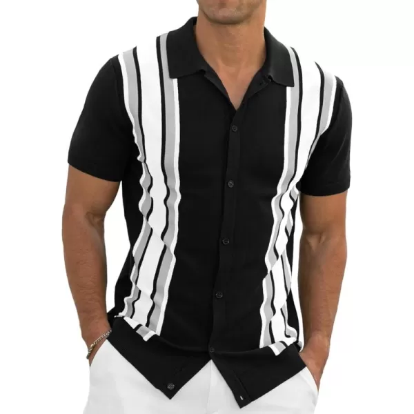 NITAGUT Mens Polo Shirts Vintage Striped Knitting Short Sleeves Button Down Golf Shirts
