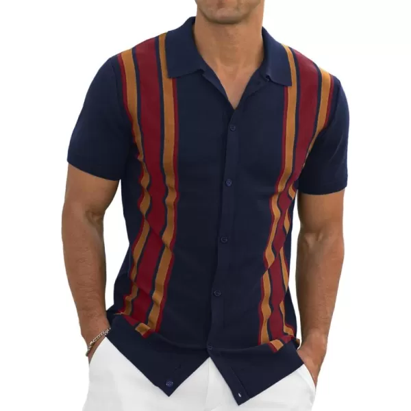 NITAGUT Mens Polo Shirts Vintage Striped Knitting Short Sleeves Button Down Golf Shirts