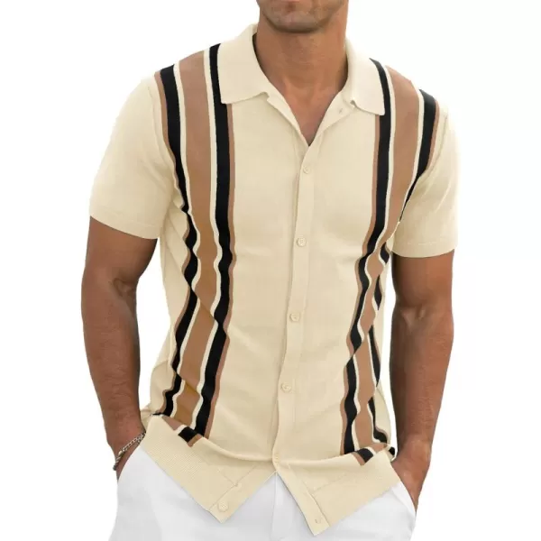 NITAGUT Mens Polo Shirts Vintage Striped Knitting Short Sleeves Button Down Golf Shirts