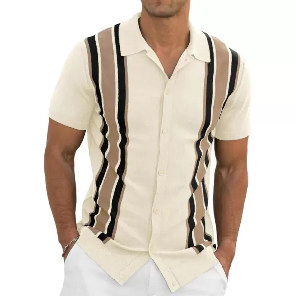 NITAGUT Mens Polo Shirts Vintage Striped Knitting Short Sleeves Button Down Golf Shirts