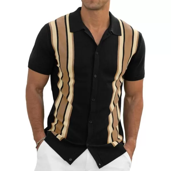 NITAGUT Mens Polo Shirts Vintage Striped Knitting Short Sleeves Button Down Golf Shirts