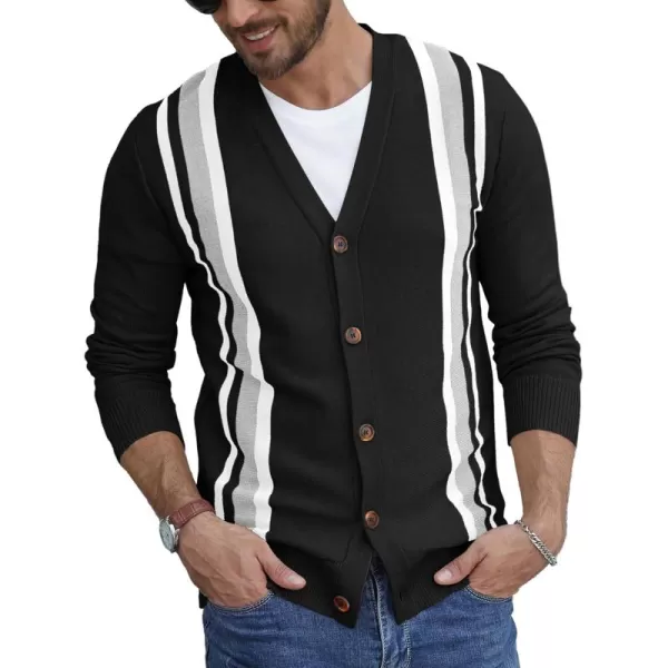 NITAGUT Men's Vintage Striped Long Sleeve Cardigan Sweater with Button V Neck Knitted Sweaters