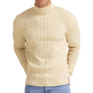 imageNITAGUT Mens Casual Turtleneck Sweaters Warm Twisted Pattern Knitted Slim Fit Pullover SweaterBeige