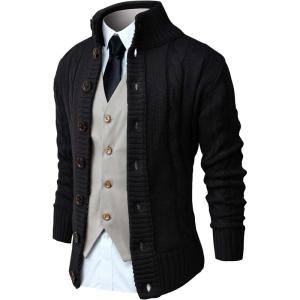 imageNITAGUT Mens Long Sleeve Stand Collar Cardigan Sweaters Button Down Cable Knitted Sweater01 Black