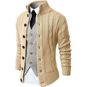 imageNITAGUT Mens Long Sleeve Stand Collar Cardigan Sweaters Button Down Cable Knitted SweaterBeige