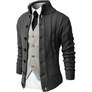 imageNITAGUT Mens Long Sleeve Stand Collar Cardigan Sweaters Button Down Cable Knitted SweaterDark Grey