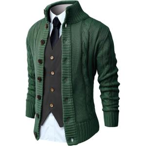 imageNITAGUT Mens Long Sleeve Stand Collar Cardigan Sweaters Button Down Cable Knitted SweaterGreen