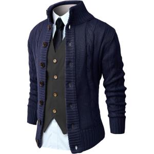 imageNITAGUT Mens Long Sleeve Stand Collar Cardigan Sweaters Button Down Cable Knitted SweaterNavy Blue