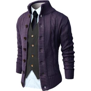imageNITAGUT Mens Long Sleeve Stand Collar Cardigan Sweaters Button Down Cable Knitted SweaterPurple