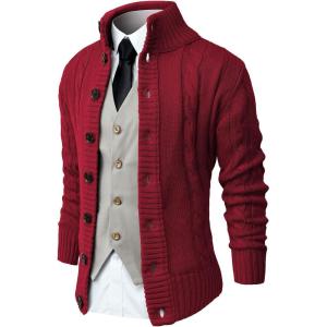 imageNITAGUT Mens Long Sleeve Stand Collar Cardigan Sweaters Button Down Cable Knitted SweaterRed