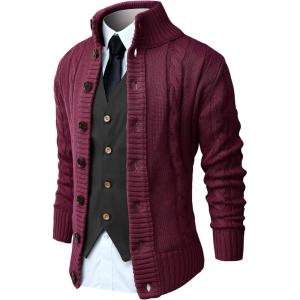 imageNITAGUT Mens Long Sleeve Stand Collar Cardigan Sweaters Button Down Cable Knitted SweaterWine Red