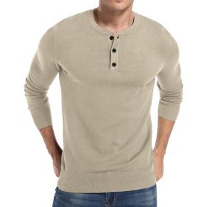 imageNITAGUT Mens Slim Fit Pullover Sweaters Long Sleeve Knitted Fabric Henley SweaterBeige