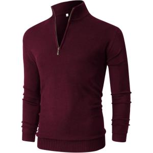 imageNITAGUT Mens Slim Fit Quarter Zip Mock Neck Polo Sweater Casual Long Sleeve Sweater and Turtleneck PulloverWind Red