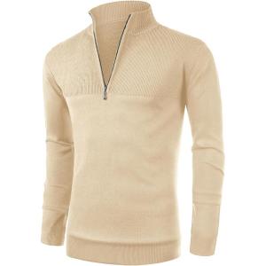 imageNITAGUT Mens Slim Fit Zip Up Mock Neck Polo Sweater Casual Long Sleeve Sweater and Pullover Sweaters with Ribbing EdgeBeige