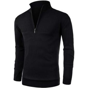 imageNITAGUT Mens Slim Fit Zip Up Mock Neck Polo Sweater Casual Long Sleeve Sweater and Pullover Sweaters with Ribbing EdgeBlack