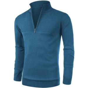 imageNITAGUT Mens Slim Fit Zip Up Mock Neck Polo Sweater Casual Long Sleeve Sweater and Pullover Sweaters with Ribbing EdgeBlue