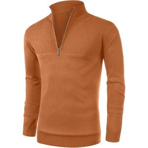 imageNITAGUT Mens Slim Fit Zip Up Mock Neck Polo Sweater Casual Long Sleeve Sweater and Pullover Sweaters with Ribbing EdgeCaramel