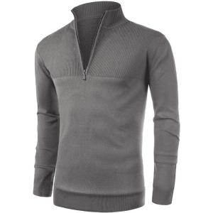 imageNITAGUT Mens Slim Fit Zip Up Mock Neck Polo Sweater Casual Long Sleeve Sweater and Pullover Sweaters with Ribbing EdgeGrey