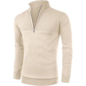 imageNITAGUT Mens Slim Fit Zip Up Mock Neck Polo Sweater Casual Long Sleeve Sweater and Pullover Sweaters with Ribbing EdgeLight Beige