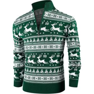 imageNITAGUT Mens Slim Fit Zip Up Mock Neck Polo Sweater Casual Long Sleeve Sweater and Pullover Sweaters with Ribbing EdgeZ Christmas Elk Green